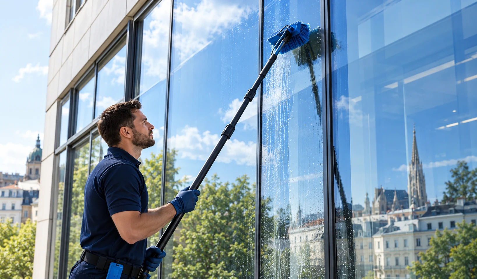 Glasfassadenreinigung mit Teleskopstange in Wien